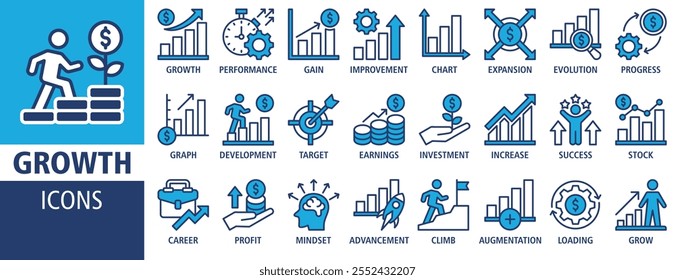 Growth icon set vector illustration. Containing icon of performance, gain, improvement, grow, chart, increase, evolution and development icons. Solid icon symbol collection.