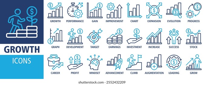 Growth icon set vector illustration. Containing icon of performance, gain, improvement, grow, chart, increase, evolution and development icons. Solid icon symbol collection.