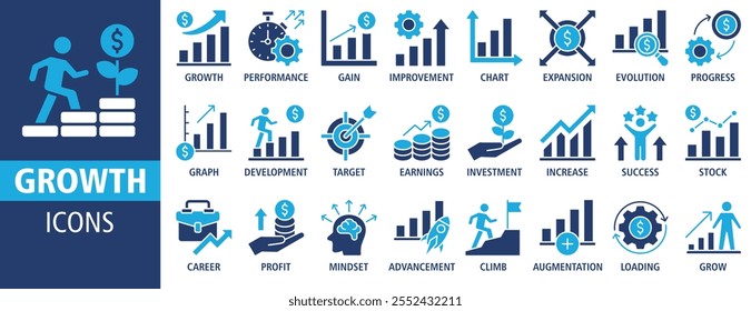 Growth icon set vector illustration. Containing icon of performance, gain, improvement, grow, chart, increase, evolution and development icons. Solid icon symbol collection.