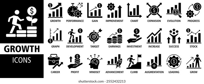 Growth icon set vector illustration. Containing icon of performance, gain, improvement, grow, chart, increase, evolution and development icons. Solid icon symbol collection.