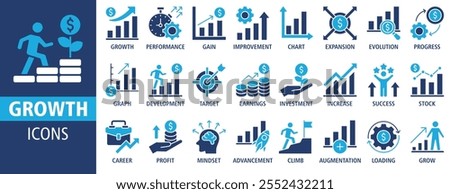 Growth icon set vector illustration. Containing icon of performance, gain, improvement, grow, chart, increase, evolution and development icons. Solid icon symbol collection.