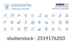 Growth icons collection. Line Duotone style, editable stroke. arrows up, diagram, goal, development, professional, book, increase, growth, bar graph, cloud, improvement, light bulb.