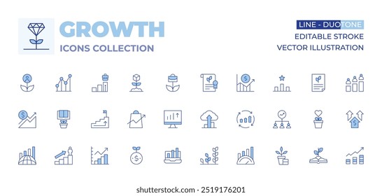 Coleção de ícones de crescimento. Linha Duotone estilo, curso editável. crescimento, evolução, gráfico de barras, gráfico de linhas, planta, benchmark, melhoria contínua, promoção, lucro financeiro.