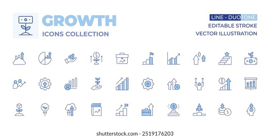 Growth icons collection. Line Duotone style, editable stroke. arrows up, diagram, goal, development, professional, book, increase, growth, bar graph, cloud, improvement, light bulb.