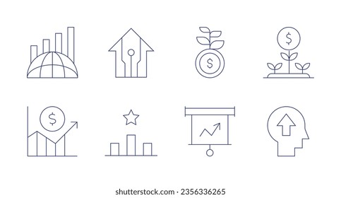 Growth icons. Editable stroke. Containing evolution, growth, money, sustainable, grow, rating, presentation, up.