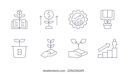 Growth icons. Editable stroke. Containing educative book, growth, management, plant, grow up, planting, promotion.