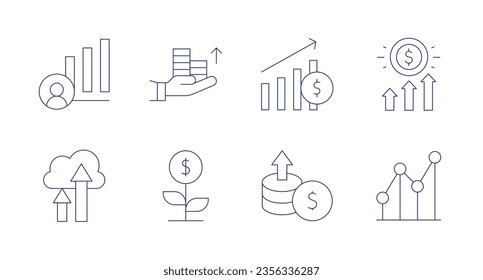 Iconos de crecimiento. Trazo editable. Contiene gráfico de barras, crecimiento, ventas, aumento, nube, gráfico de líneas.