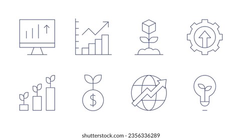 Growth icons. Editable stroke. Containing bar graph, growth, improvement, chart, increase, light bulb.