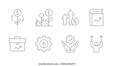 Growth icons. Editable stroke. Containing agriculture, benefits, arrows up, book, business, development.