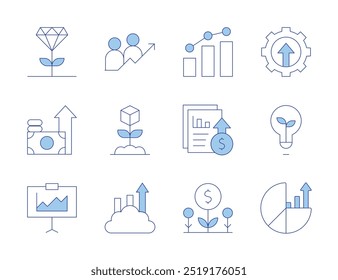 Wachstumssymbole Linienduotonstil, bearbeitbarer Strich. Präsentation, Wachstum, Bericht, Vorteile, Exzellenz, Investitionen, Steigerung, Liniendiagramm, Verbesserung, Glühbirne, Tortendiagramm.