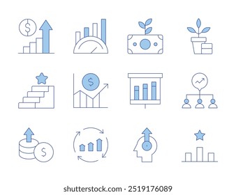 Growth icons. Line Duotone style, editable stroke. increase, growth, rating, benchmark, continuous improvement, grow, growth chart, investment, money growth, stairs.