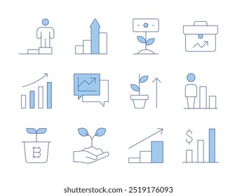 Growth icons. Line Duotone style, editable stroke. growth, grow up, business, graphs, bars graphic, planting, rise, person, bar chart.