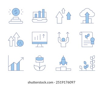 Ícones de crescimento. Estilo Duotônico de linha, traço editável. setas para cima, objetivo, diagrama, crescimento, gráfico de barras, gráfico de linhas, planta, qualidade, desenvolvimento, inicialização.