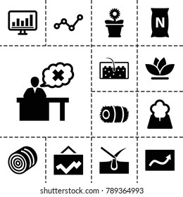 Growth icons. set of 13 editable filled growth icons such as hay, shave hair in skin, flower pot, flower, bag with ground, graph, chart, teacher, hair
