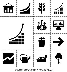 Growth icons. set of 13 editable filled growth icons such as graph on board, plant in pot, tree, plant, line chart, forward, chart, money up, graph, graph on display