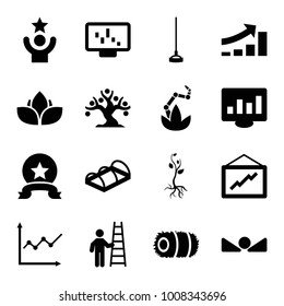 Growth icons. set of 16 editable filled growth icons such as graph, graph on display, hoe, greenohuse, chart on display, arrow up, medal, man with ladder, celebrity, hay