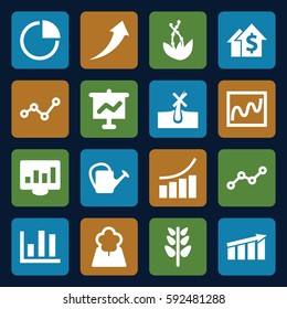 growth icons set. Set of 16 growth filled icons such as no hair in skin, graph, watering can, plant, line graph, pie chart, tree, chart, arrow up, dolar growth, graph on board
