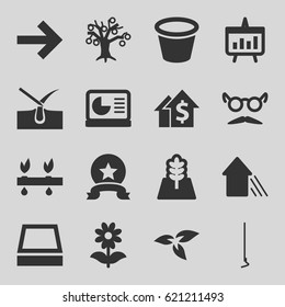 Growth icons set. set of 16 growth filled icons such as plant, shave hair in skin, mustache and glasses, hoe, pot for plants, flower, arrow up, tree, square plant pot, chart
