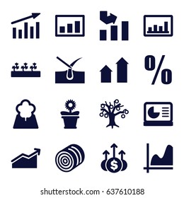 Growth icons set. set of 16 growth filled icons such as hay, arrow up, shave hair in skin, graph, flower pot, sprout plants, tree, chart on display, chart, percent, money up