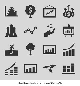 Growth icons set. set of 16 growth filled icons such as plant, hand with seeds, no hair in skin, graph, tree, chart, money tree, arrows up, money up