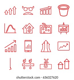 Growth icons set. set of 16 growth outline icons such as arrow up, no hair in skin, mustache and glasses, hoe, pot for plants, hair, line graph, graph, chart, arrows up, plant