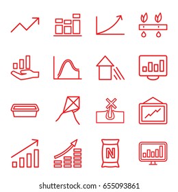 Growth icons set. set of 16 growth outline icons such as no hair in skin, graph, pot for plants, bag with ground, chart, arrow up, graph on hand, plant, money growth