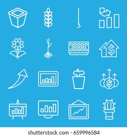 Growth icons set. set of 16 growth outline icons such as graph, hoe, pot for plants, plant in pot, flower, sprout, cactus, chart, arrow up, money up, dolar growth