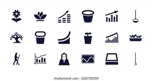 Growth icons. set of 18 editable filled growth icons: money growth, hoe, pot for plants, plant in pot, flower, chart, tree, square plant pot, caveman
