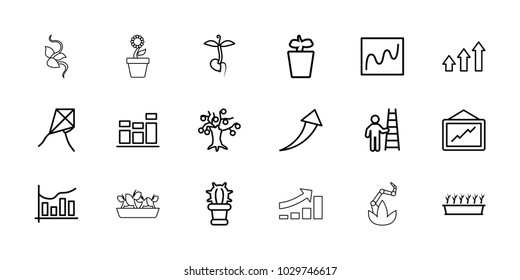 Growth icons. set of 18 editable outline growth icons: graph, dandelion, chart, money tree, plant in pot, sprout, cactus, man with ladder, arrow up, flower pot