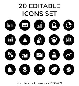 Growth icons. set of 20 editable filled growth icons such as leaf, graph, dandelion, chart, pot for plants, flower, strawberry, percent, teacher, line graph, pie chart