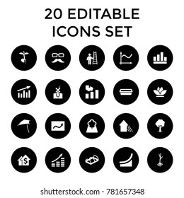 Growth icons. set of 20 editable filled growth icons such as graph, pot for plants, flower, tree, sprout, greenohuse, chart. best quality growth elements in trendy style.