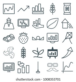Growth icons. set of 25 editable outline growth icons such as chart, leaf, graph, dandelion, graph on display, plant, hoe, strawberry, bag with ground, greenohuse