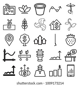Growth icons. set of 25 editable outline growth icons such as graph, no hair in skin, graph on display, dolar growth, hoe, pot for plants, flower, strawberry, sprout, plant