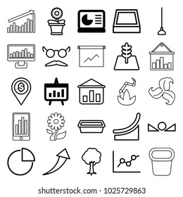 Growth icons. set of 25 editable outline growth icons such as chart, chart on display, mustache and glasses, graph on board, hoe, pot for plants, flower pot, tree, pie chart