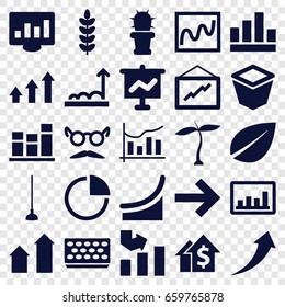 Growth icons set. set of 25 growth filled icons such as plant, arrow up, leaf, graph, mustache and glasses, hoe, pot for plants, chart, cactus, pie chart, dolar growth