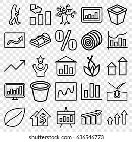 Growth icons set. set of 25 growth outline icons such as hay, arrow up, shave hair in skin, leaf, graph, pot for plants, greenohuse, chart, caveman, celebrity, plant