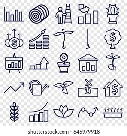 Growth icons set. set of 25 growth outline icons such as plant, hay, no hair in skin, graph, hoe, watering can, plant in pot, flower pot, flower, sprout, cactus, chart