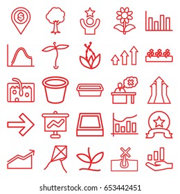 Growth icons set. set of 25 growth outline icons such as plant, no hair in skin, pot for plants, flower, sprout plants, tree, teacher, hair, chart, square plant pot, graph