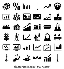 Growth icons set. set of 36 growth filled icons such as hay, hand with seeds, no hair in skin, graph, hoe, pot for plants, flower, sprout plants, sprout, chart, arrow up, tree