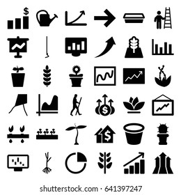 Growth icons set. set of 36 growth filled icons such as plant, graph, hoe, watering can, pot for plants, plant in pot, flower pot, flower, sprout plants, sprout, cactus