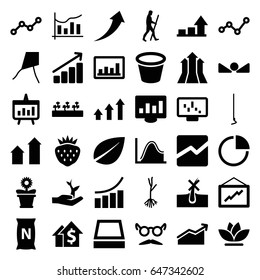 Growth icons set. set of 36 growth filled icons such as arrow up, no hair in skin, leaf, graph, mustache and glasses, hoe, pot for plants, flower pot, flower, sprout plants