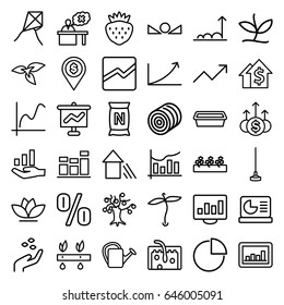 Growth icons set. set of 36 growth outline icons such as plant, hay, hand with seeds, hoe, watering can, pot for plants, flower, sprout plants, strawberry, bag with ground