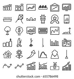 Growth icons set. set of 36 growth outline icons such as no hair in skin, graph, hoe, pot for plants, plant in pot, flower, sprout plants, tree, sprout, hair, chart