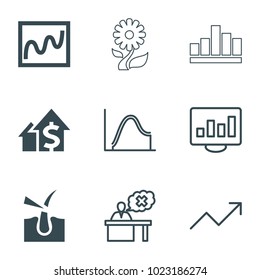 Growth icons. set of 9 editable filled and outline growth icons such as chart, graph, teacher, chart on display, shave hair in skin, dolar growth