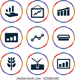 Growth icons set. set of 9 growth filled icons such as shave hair in skin, graph, pot for plants, plant, line graph, graph on hand
