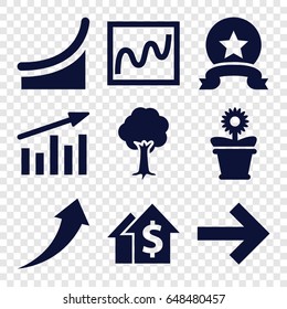 Growth icons set. set of 9 growth filled icons such as flower pot, tree, chart, medal, arrow up, dolar growth