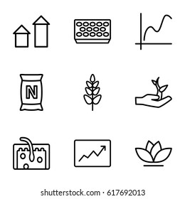Growth icons set. set of 9 growth outline icons such as arrow up, pot for plants, flower, bag with ground, plant, hair, line graph, plant on hand