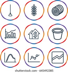 Growth icons set. set of 9 growth outline icons such as hay, hoe, pot for plants, line chart, chart, dolar growth, plant