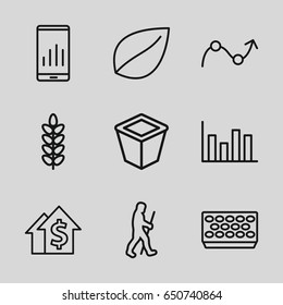 Growth icons set. set of 9 growth outline icons such as leaf, pot for plants, graph, caveman, graph on display, dolar growth, plant