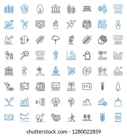 growth icons set. Collection of growth with fertilizer, wheat, farmer hoeing, sale, tree, line chart, cash, oat, progress, pyramid, skills. Editable and scalable growth icons.